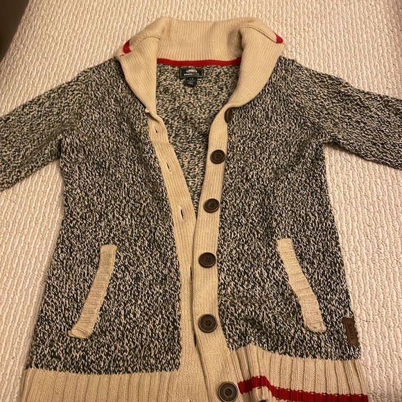 Roots Kids Cabin Sweater Shawl Cardigan Salt & Pepper Beige Striped Red Details - Picture 2 of 5